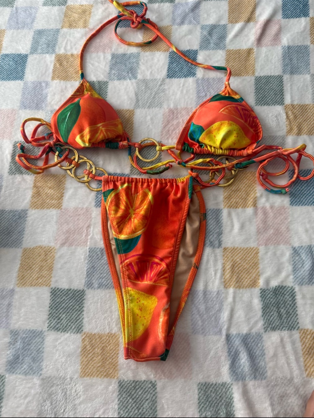 Women’s Orange Fruit-Print Triangle Bikini Set with Chain Accents